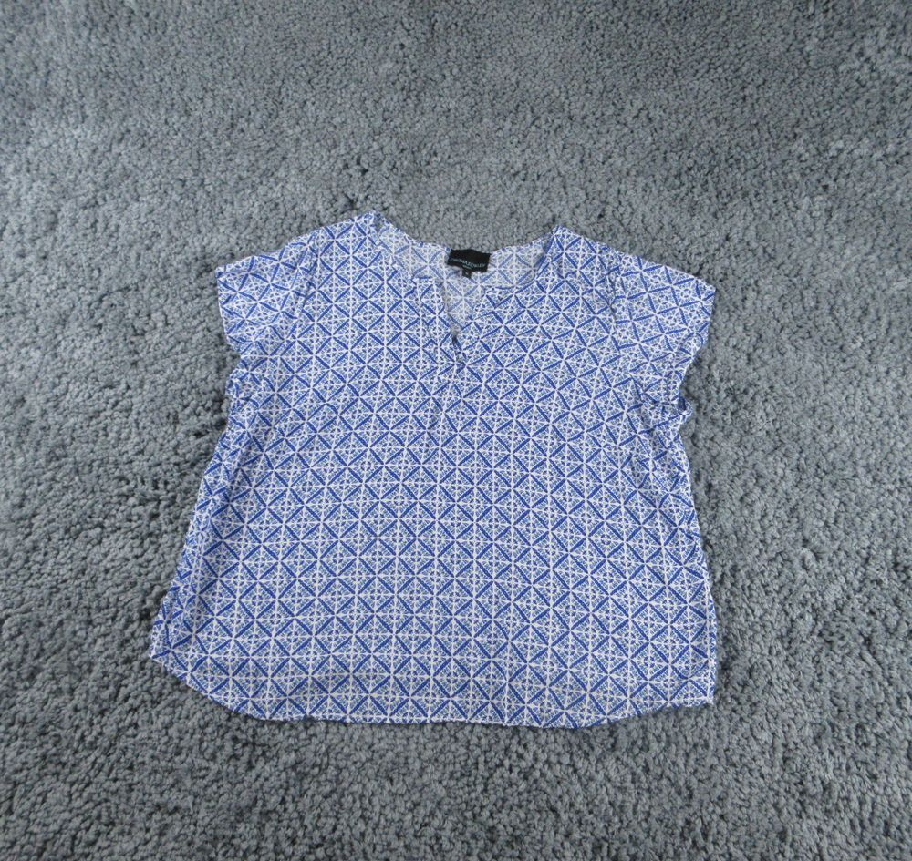 Cynthia Rowley Shirt Womens 1X Blue Geometric Short Sleeve V-Neck